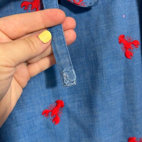 VTG Denim Chambray Skirt S Blue Embroidered Red Lobsters Nautical Coastal - Picture 5 of 8
